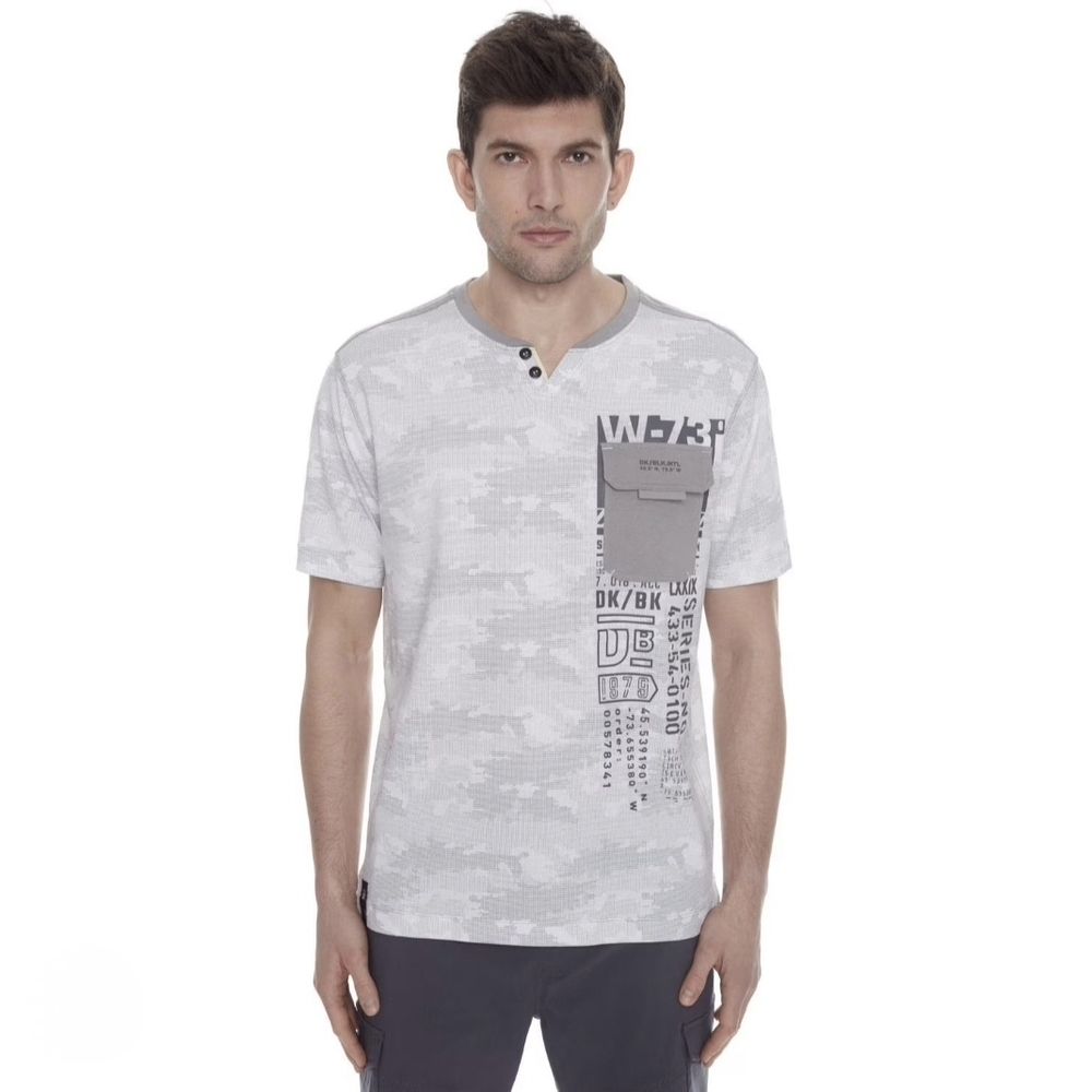 Dark Black Projek Raw Men’s Gray Camo Henley Tee XL Streatwear Pocket Cotton Y2K